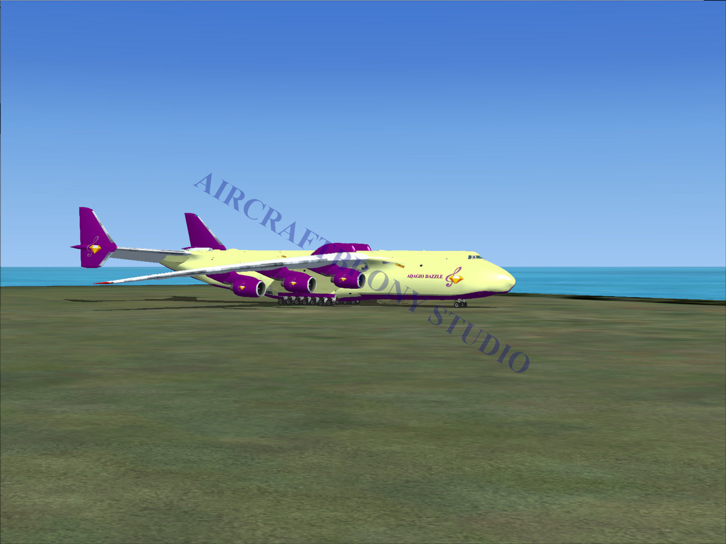 Yellow and purple cargo airplane with six engines.