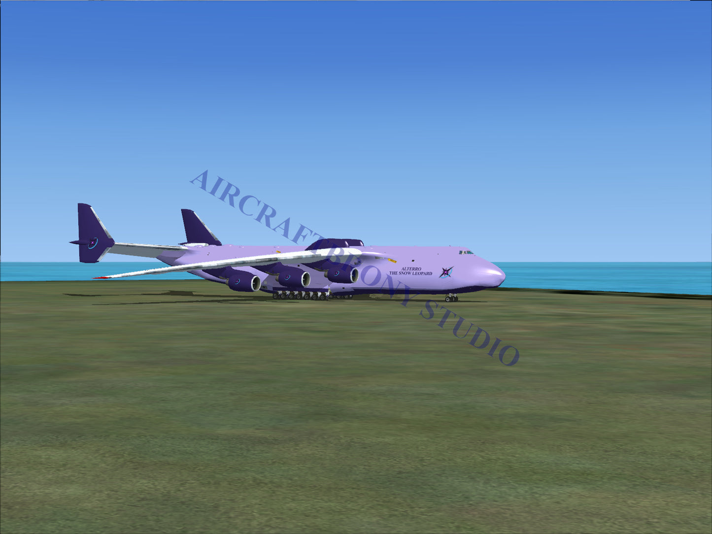 Purple cargo plane with four engines and a large tail fin.