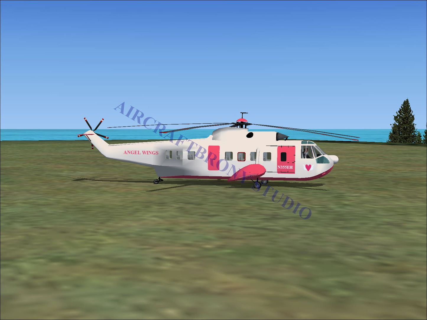 A white and pink angel wings sikorsky s-61n helicopter with red heart decals and branding on its side