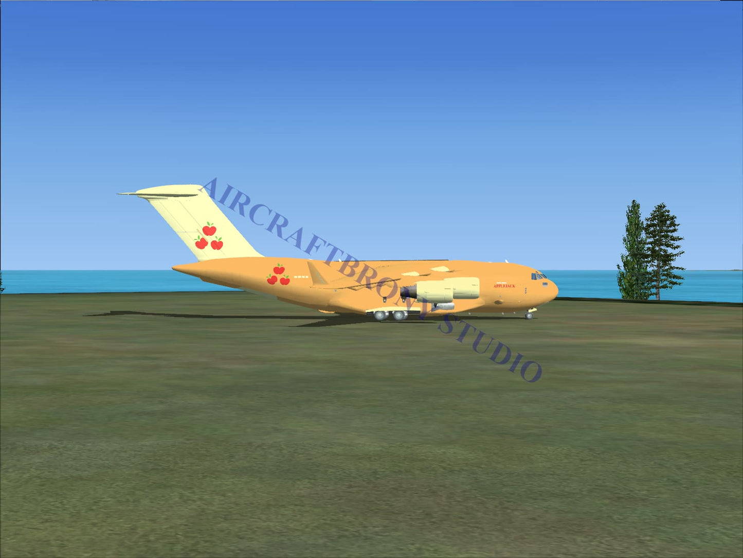Digital image of a tan and cream applejack boeing c-17 aircraft with red apple logos and four engines in high-wing design