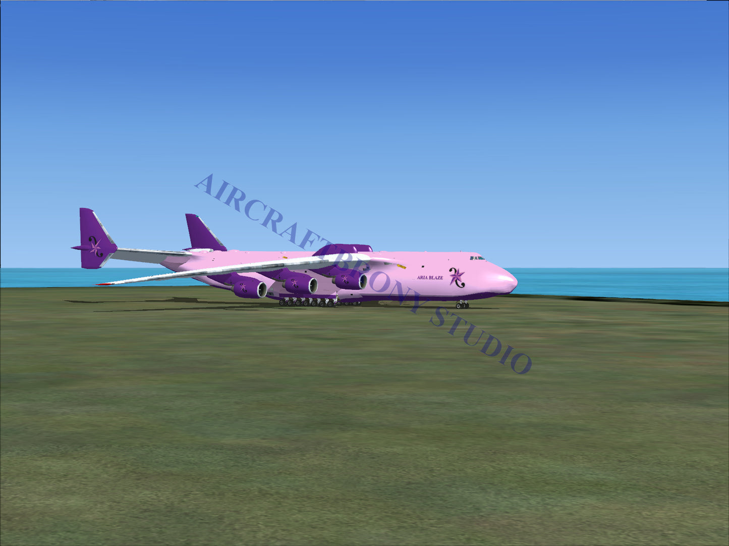 Pink cargo aircraft with six engines.