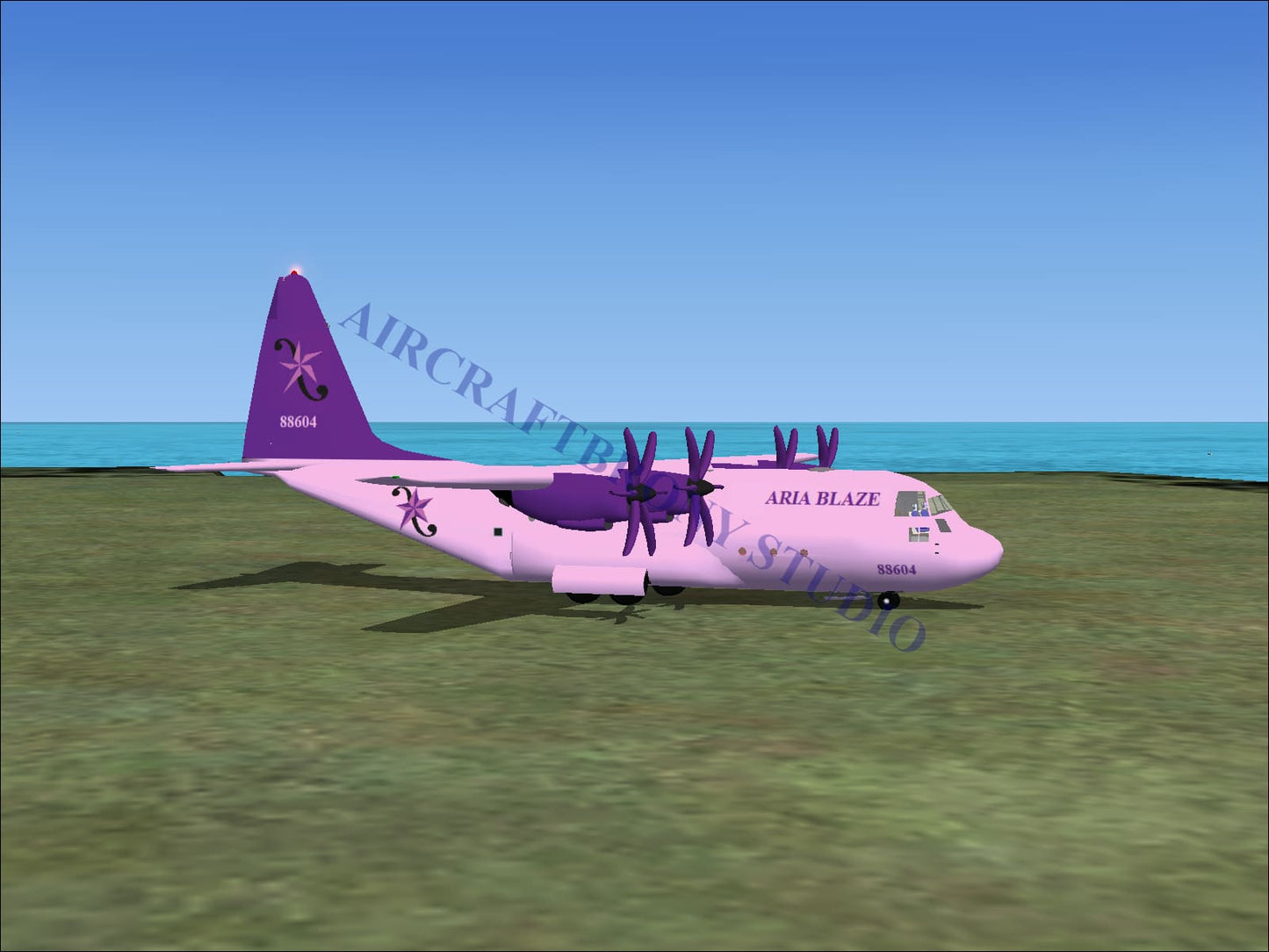 A pink and purple aria blaze lockheed c-130 aircraft with star decals and the name aria blaze on its side digital image
