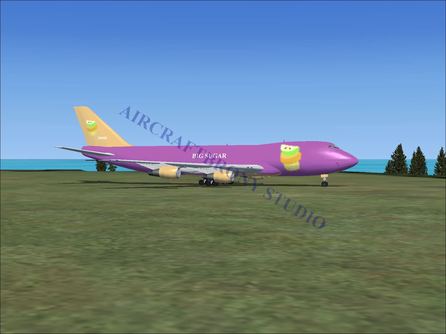 Purple and yellow cartoon-themed big sugar boeing 747-200 digital image showcasing sugar boeing aircraft design