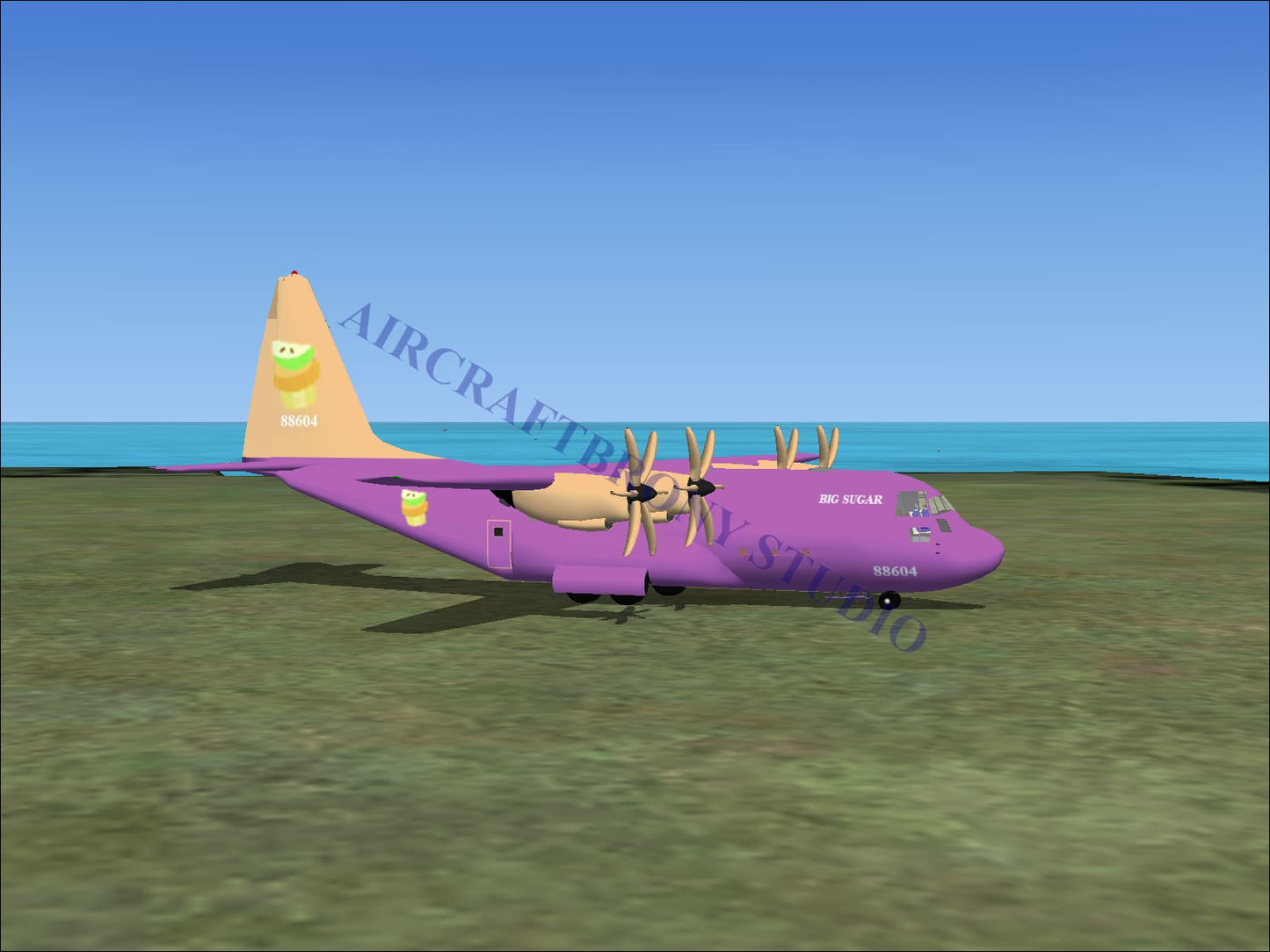 Purple and beige big sugar lockheed c-130 with cartoon character logo on tail featuring four propellers shown from back side