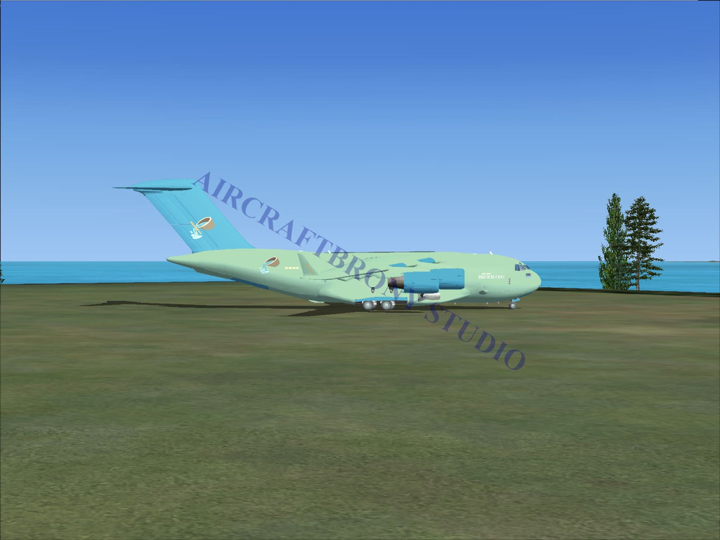 A light green and blue birch bucket boeing c-17 cargo aircraft parked on grass near the ocean with a distinctive tail logo