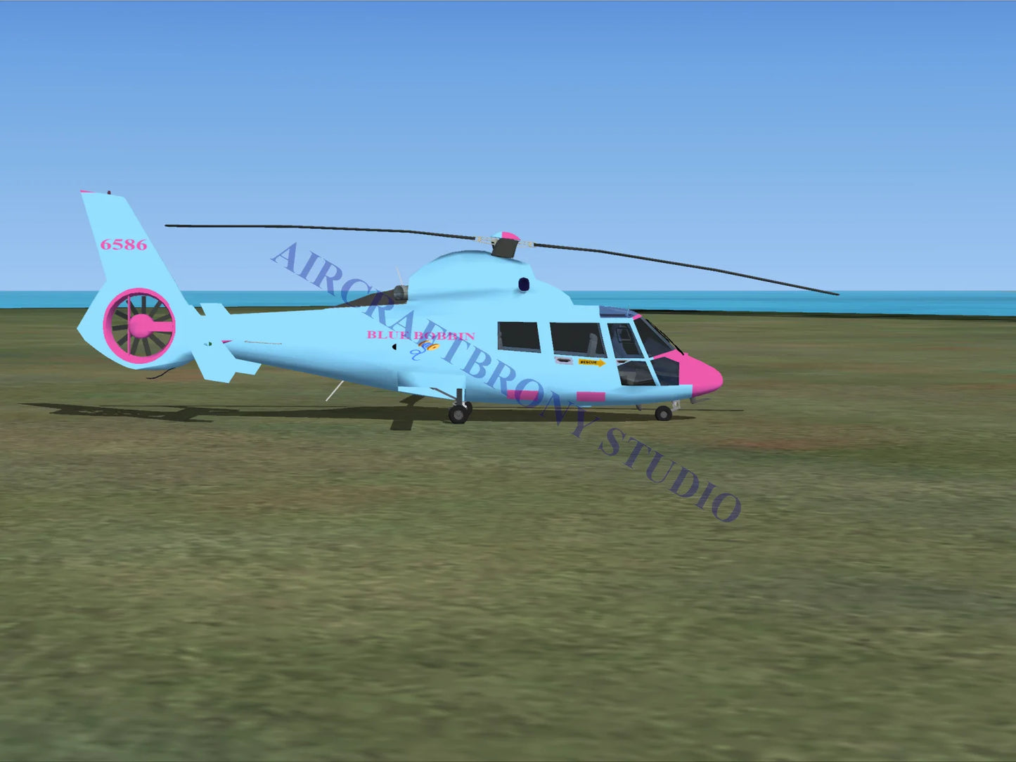 Light blue and pink helicopter with sleek modern design featuring blu brown branding on blue bobbin aerospatiale hh65 dolphin