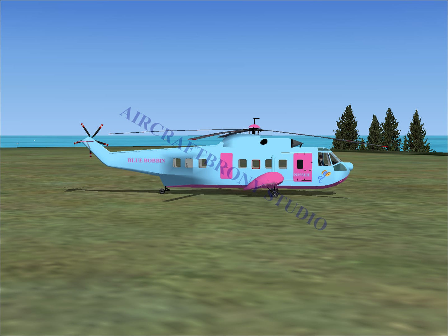 A light blue and pink sikorsky s-61n helicopter with a playful design and blue bobbin branding on the side