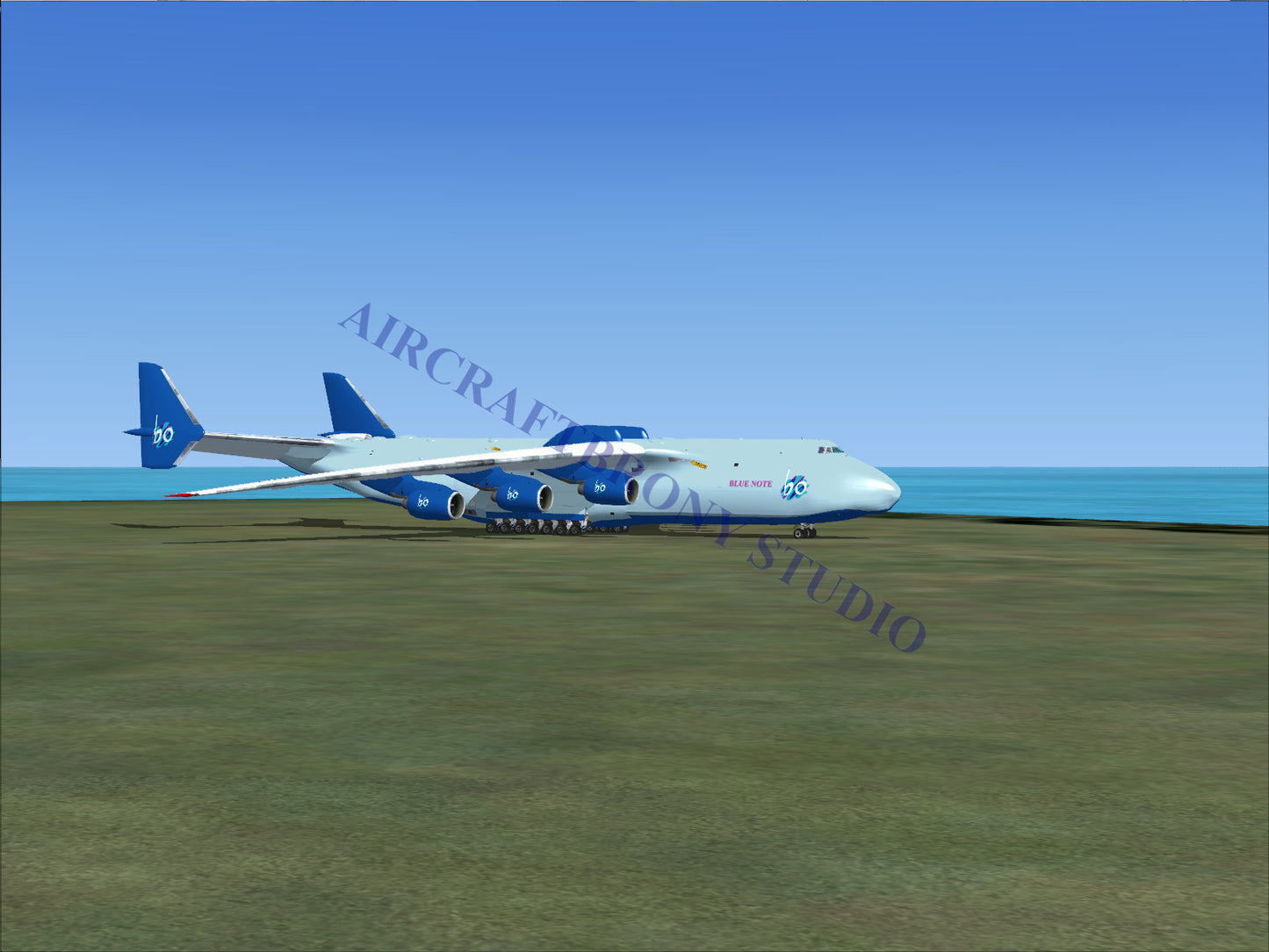 Blue and white cargo plane with four engines, large windows, and a sleek design.