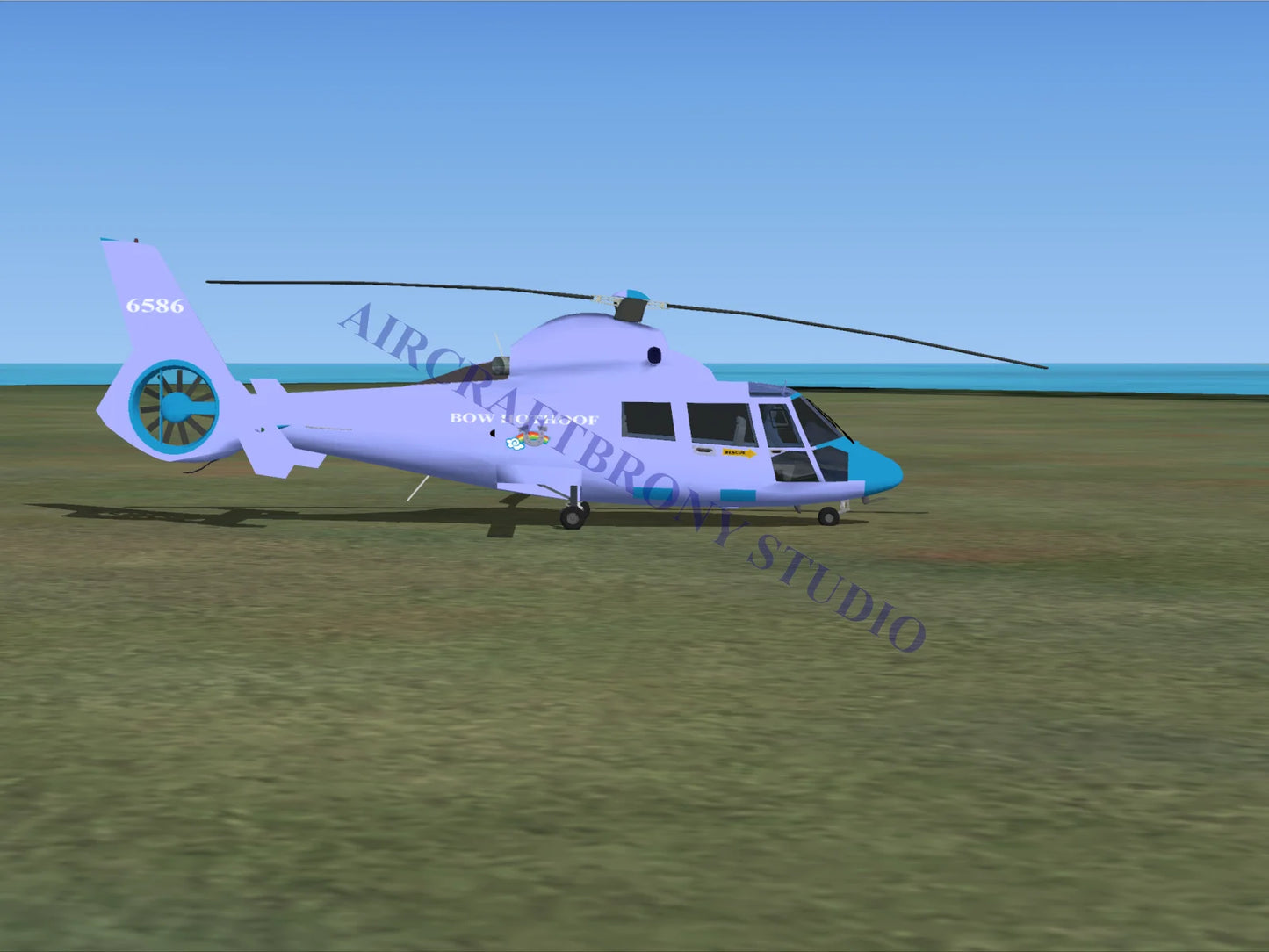 A light purple aerospatiale hh65 dolphin helicopter with turquoise nose and tail rotor and registration 6586 on tail