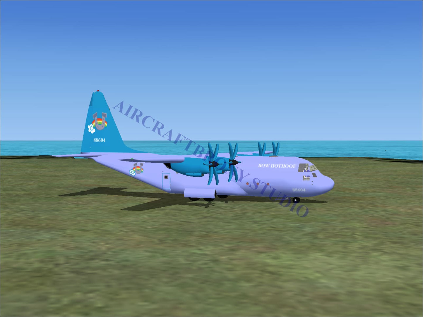 A light purple and teal bow hothoof lockheed c-130 aircraft with four propellers and botswana insignia on its tail