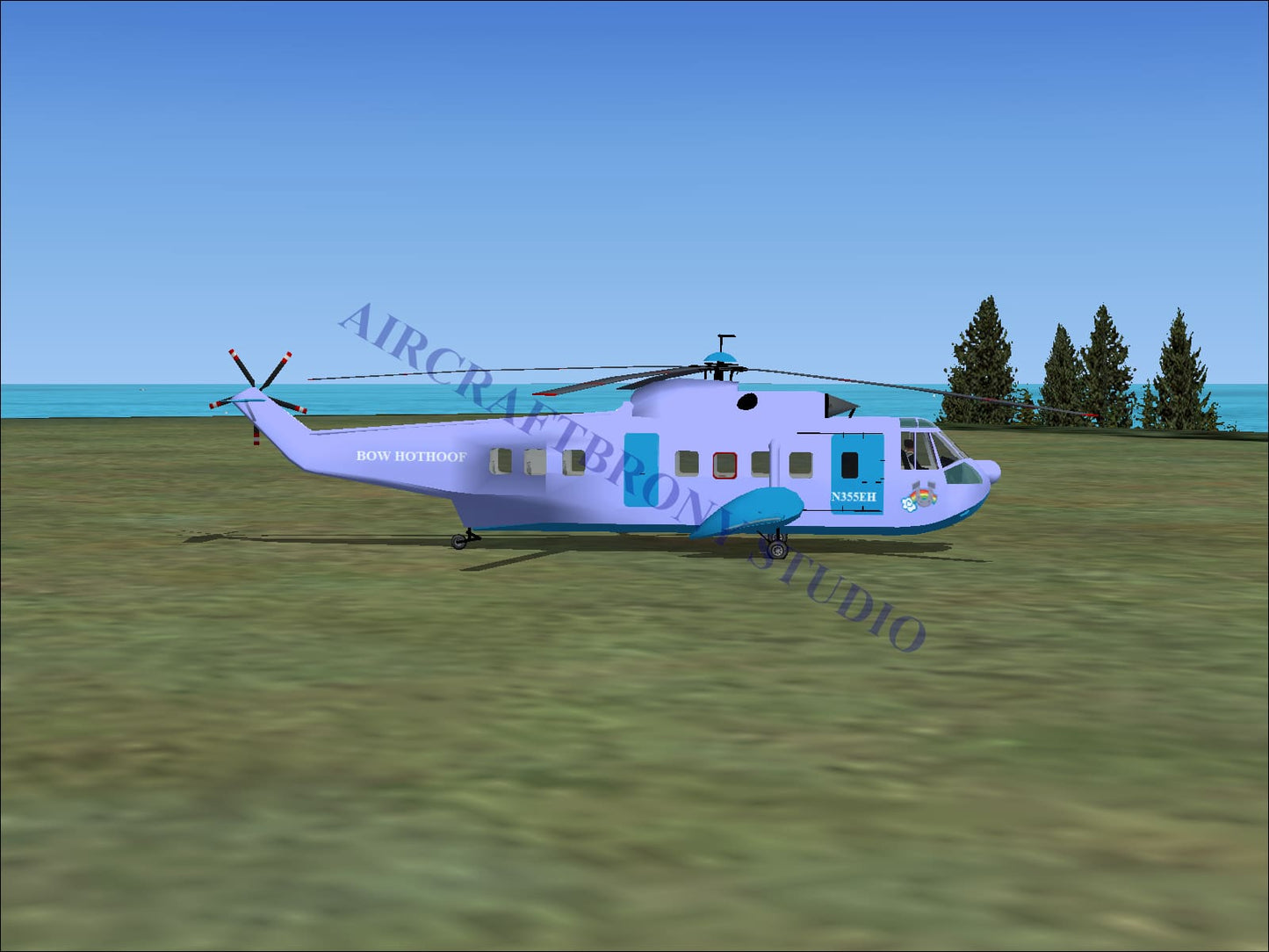 A light purple and blue bow hothoof sikorsky s-61n helicopter with cartoonish design and bow boyhoof text on its side
