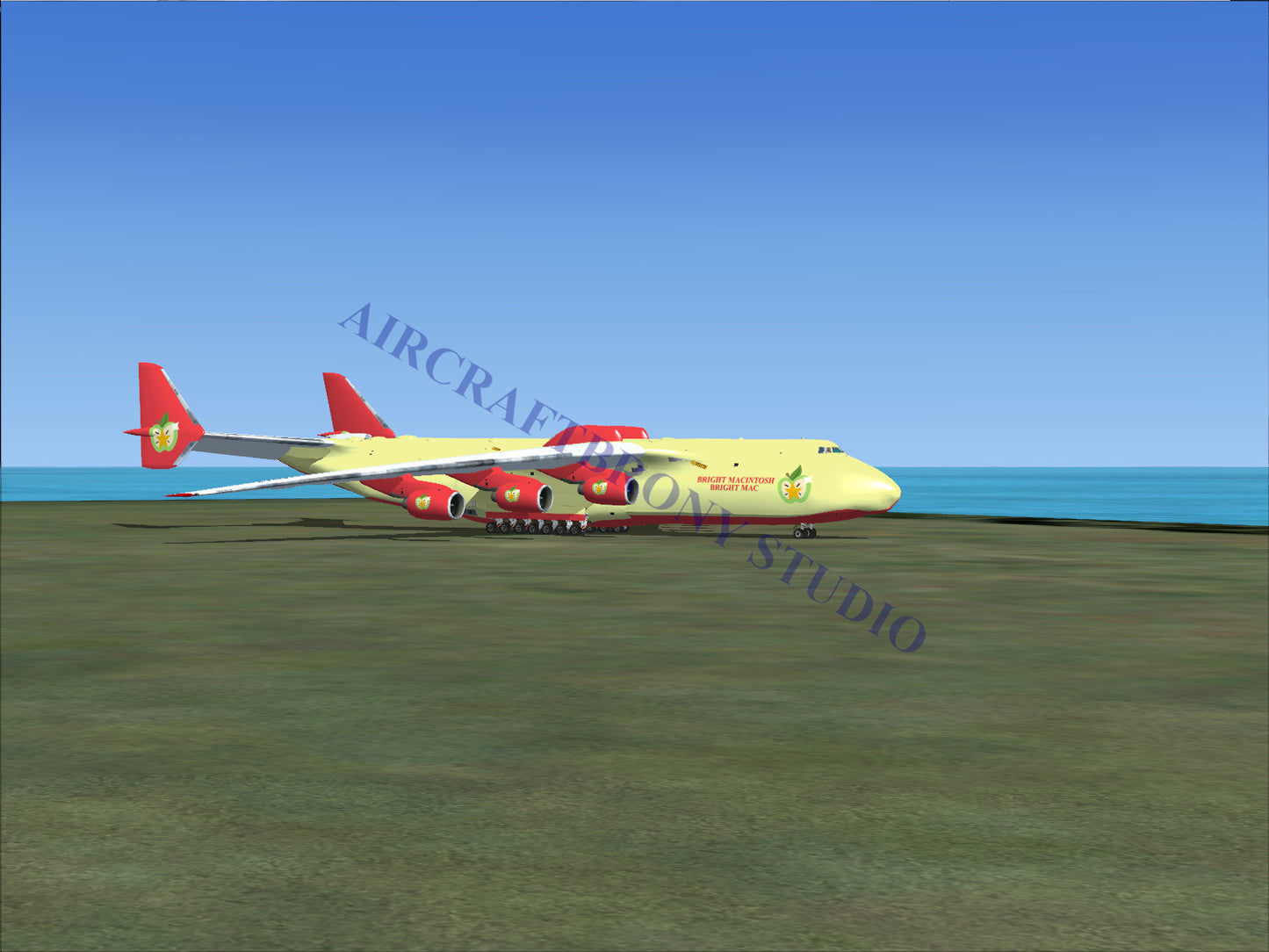 Yellow and red six-engine cargo plane
