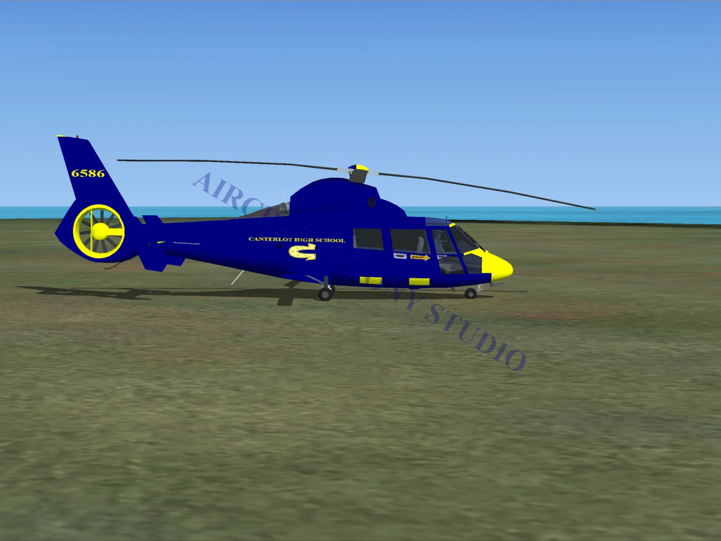 Blue and yellow school aerospatiale hh65 dolphin helicopter with canterlot high school branding on its side