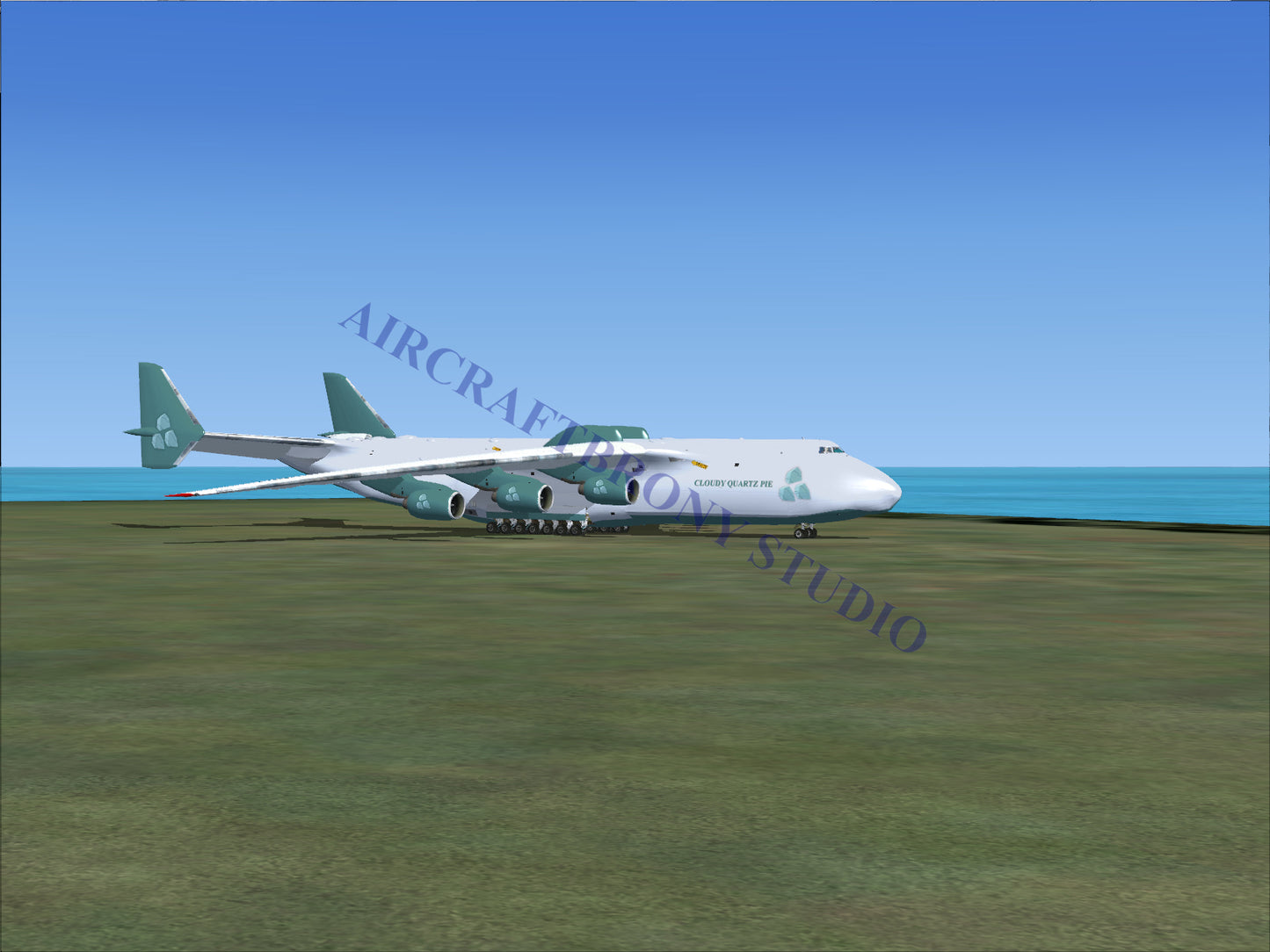 White and teal six-engine cargo plane with twin tailfins.