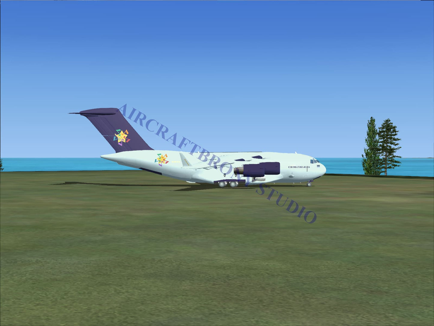 Digital image of coloratura-rara boeing c-17 cargo aircraft in white and purple with a colorful star logo on the tail