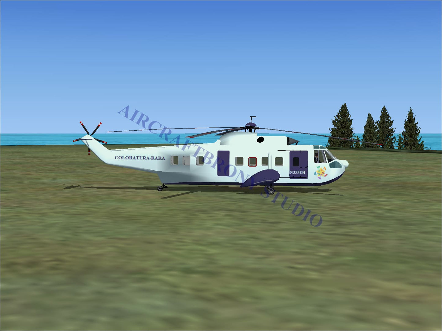 White and purple coloratura-rara sikorsky s-61n helicopter with niser markings on its side digital image