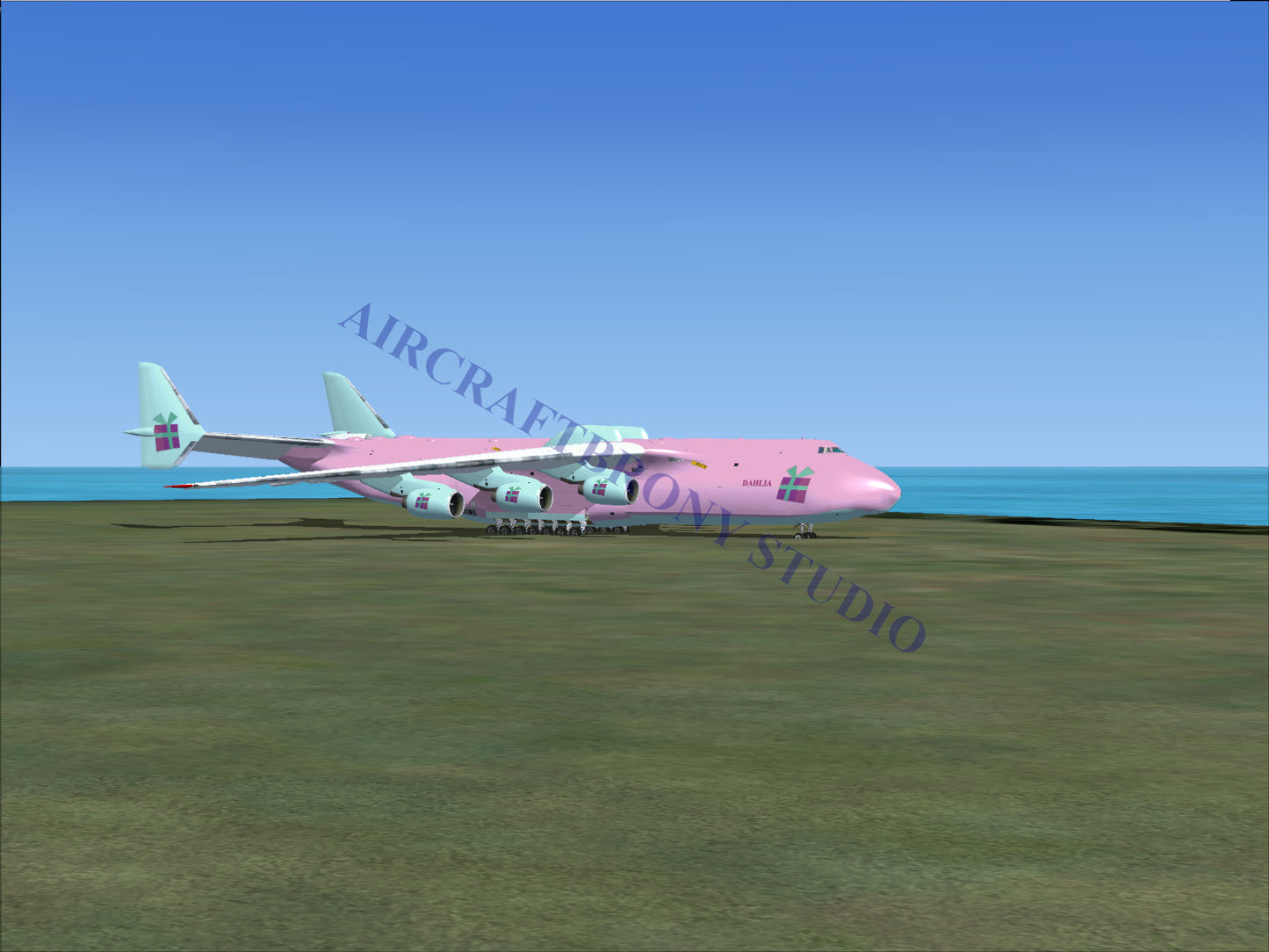 Pink boeing 747-8 cargo plane with four engines and a distinctive humpback design.