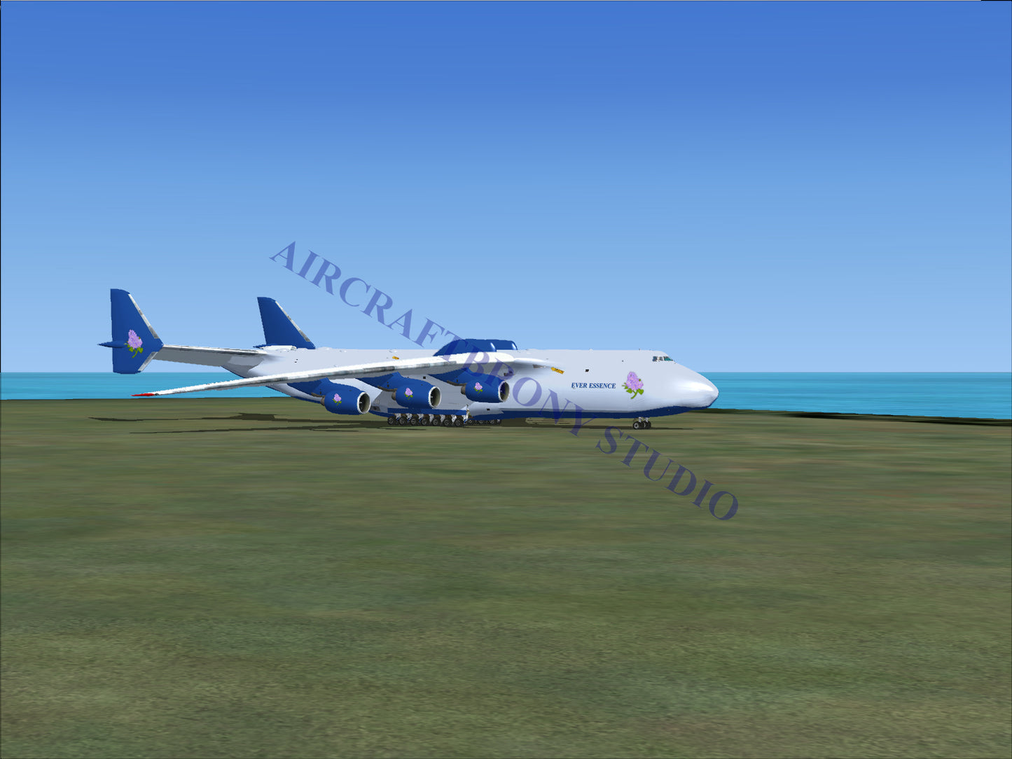 Blue and white antonov an-225 cargo plane with six engines.