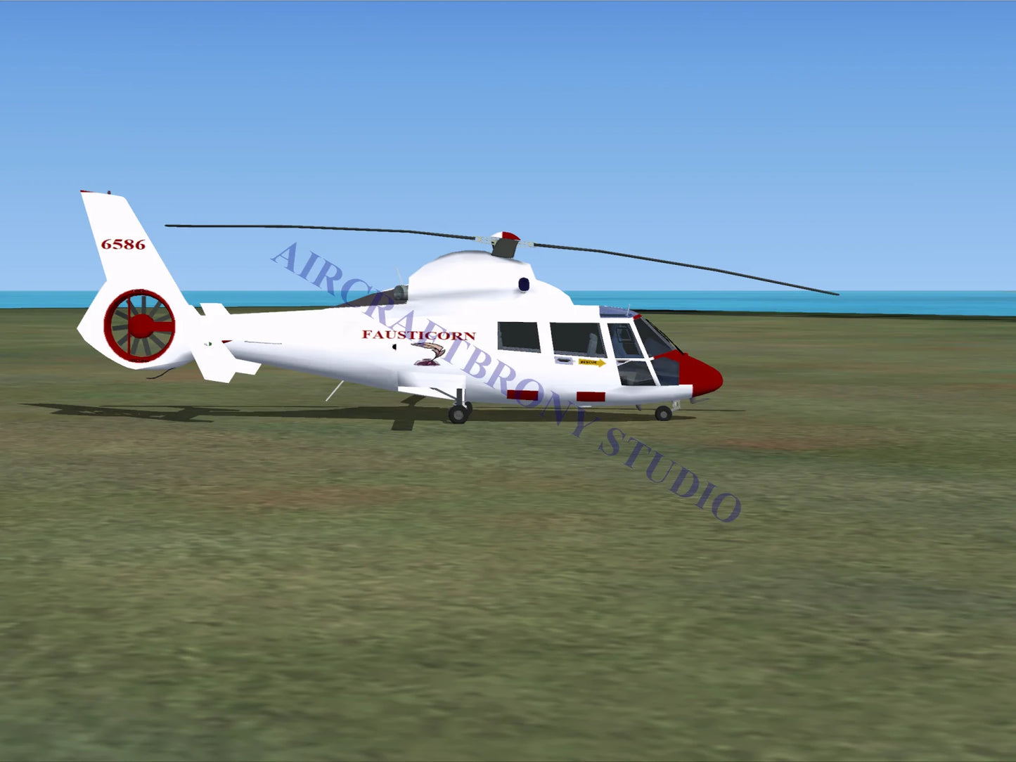 White and red fausticorn aerospatiale hh65 dolphin helicopter with black rotor blades and visible cockpit windows digital image