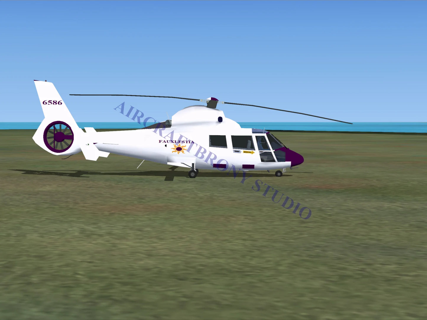 White and purple fauxlestia aerospatiale hh65 dolphin helicopter with sun emblem digital image of hh65 dolphin model