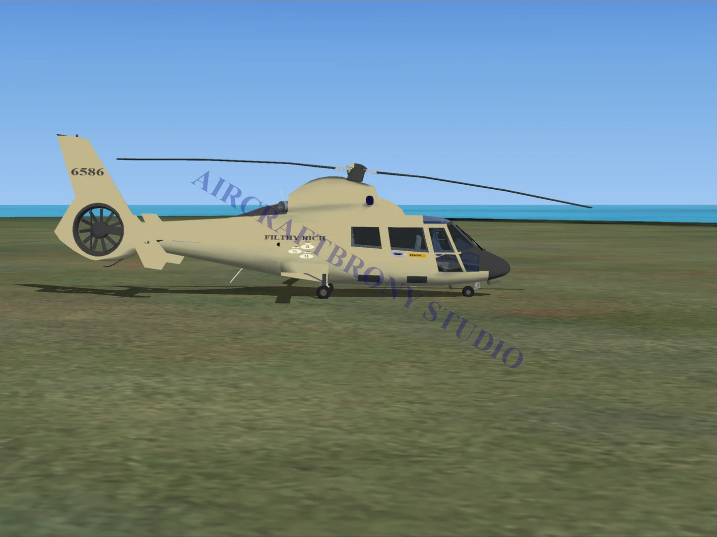 Beige military-style filthy rich aerospatiale hh65 dolphin helicopter with black rotor blades in hh65 dolphin digital image