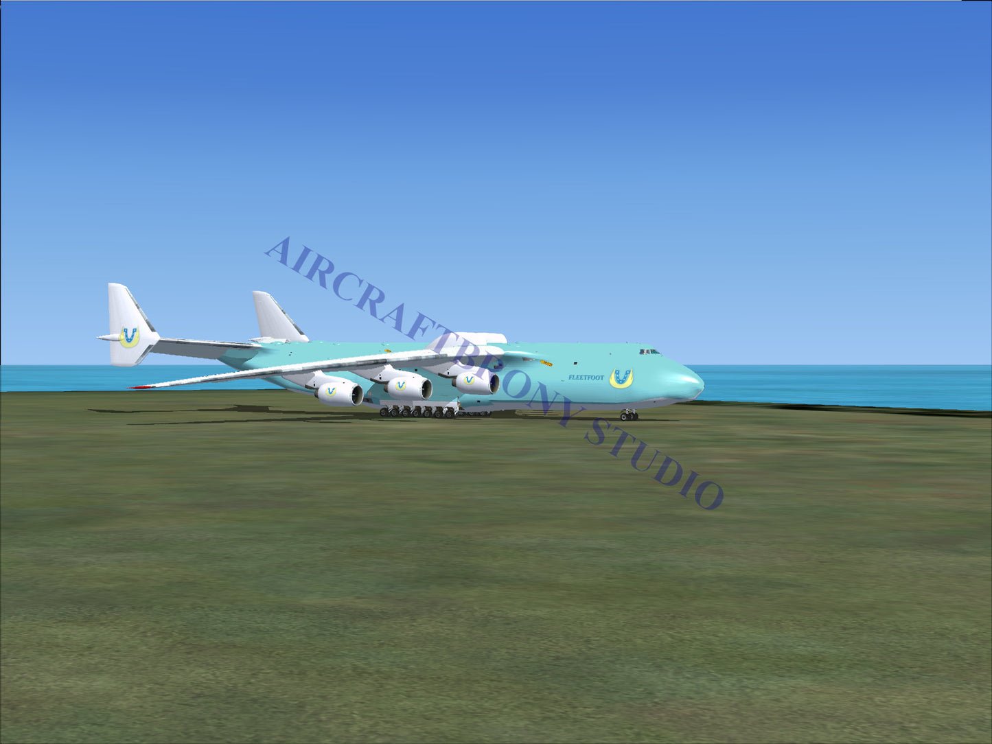 Blue antonov an-225 cargo plane with four engines and distinctive tail design.