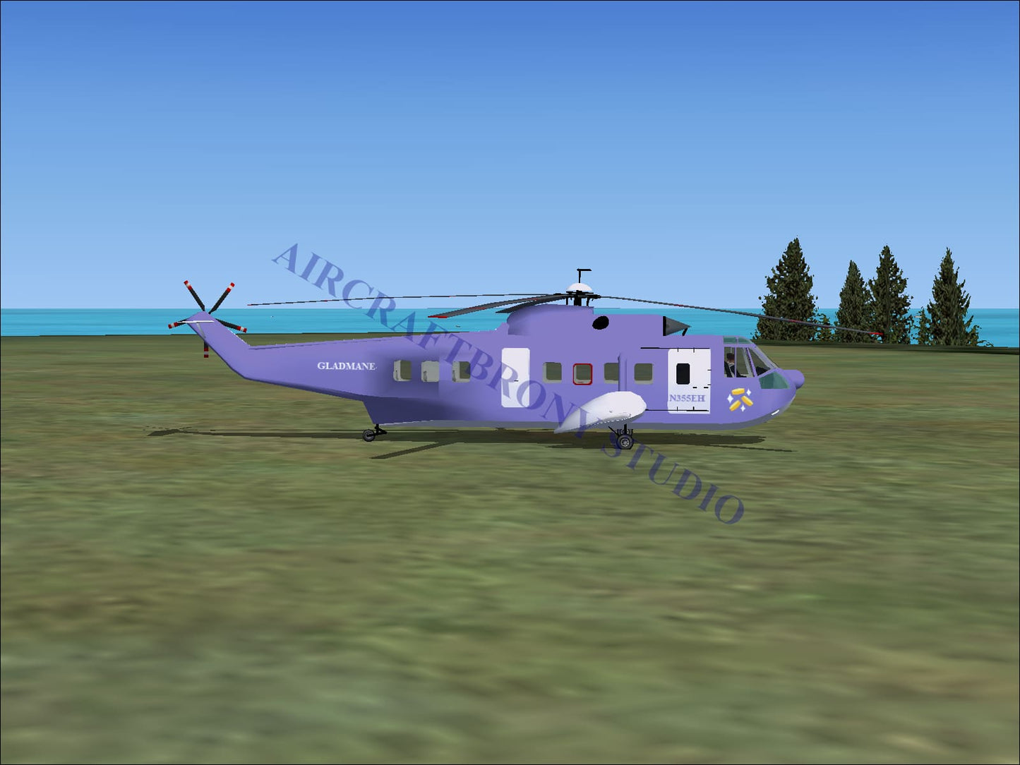 Purple gladmane sikorsky s-61n helicopter with white door and windows featuring sleek sikorsky s-61n design