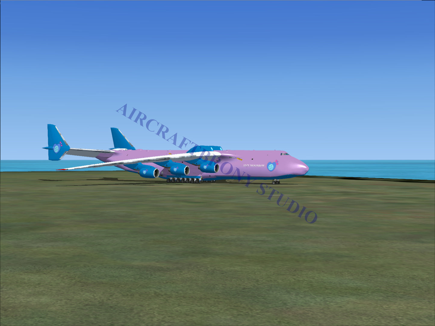 Pink and blue six-engine cargo aircraft.