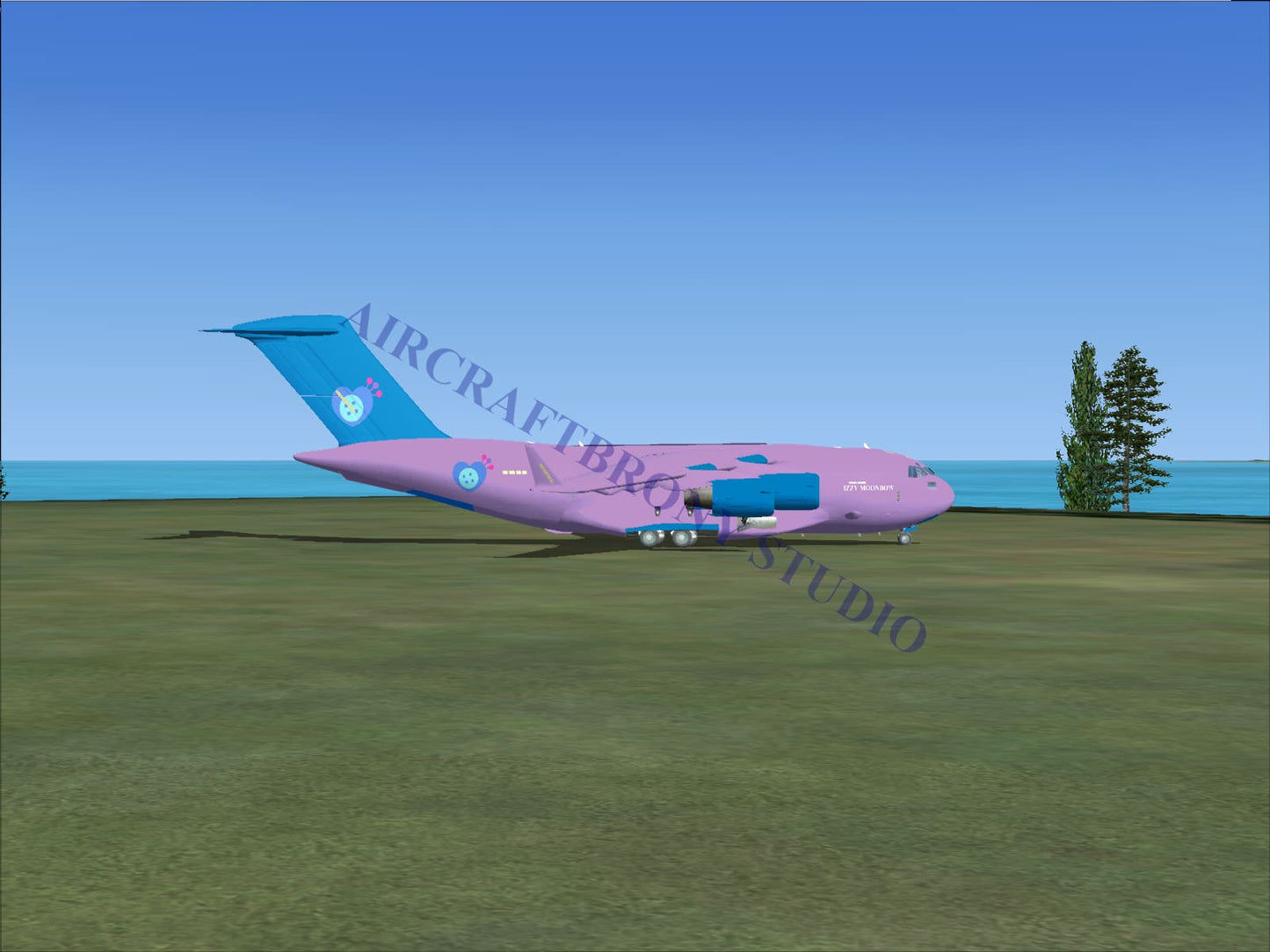A pink and blue izzy moonbow boeing c-17 aircraft with turquoise accents on tail and engines in cartoonish design