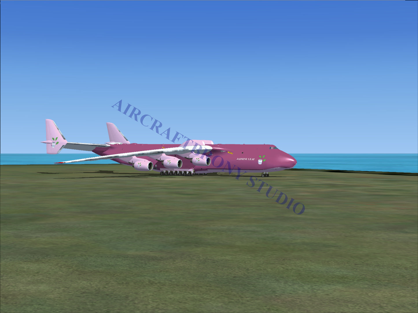 Pink cargo plane with large wings and engines, designed for heavy-lift transport.