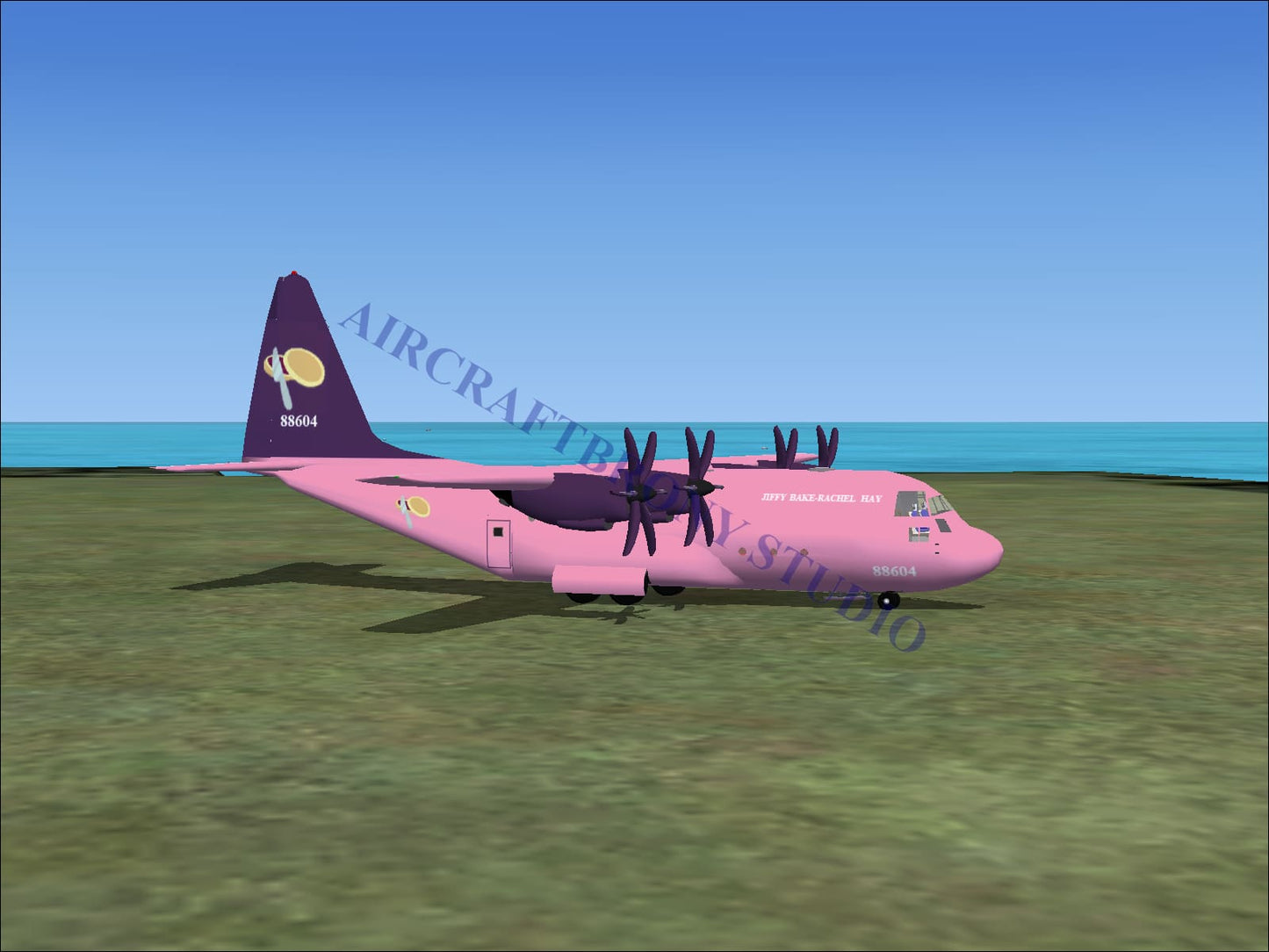 Pink and purple hay lockheed c-130 aircraft with yellow logo on tail in jiffy bake-rachel hay digital image