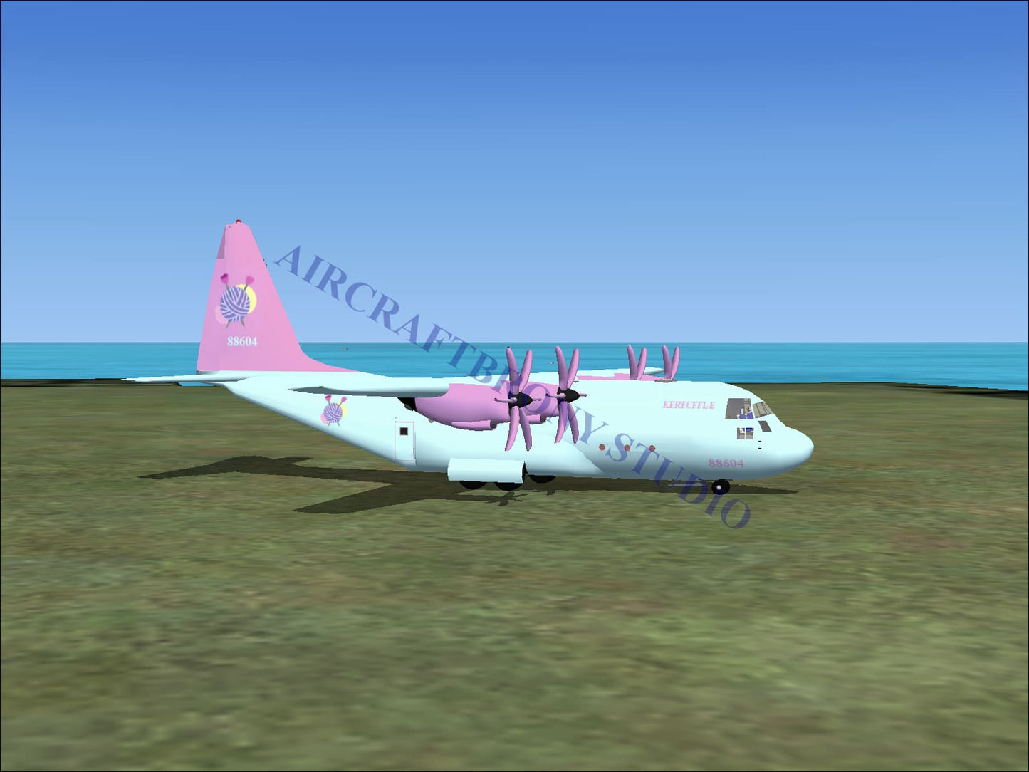 Digital image of kerfuffle lockheed c-130 airplane with pink and white propellers pink wings tail fin and engine nacelles