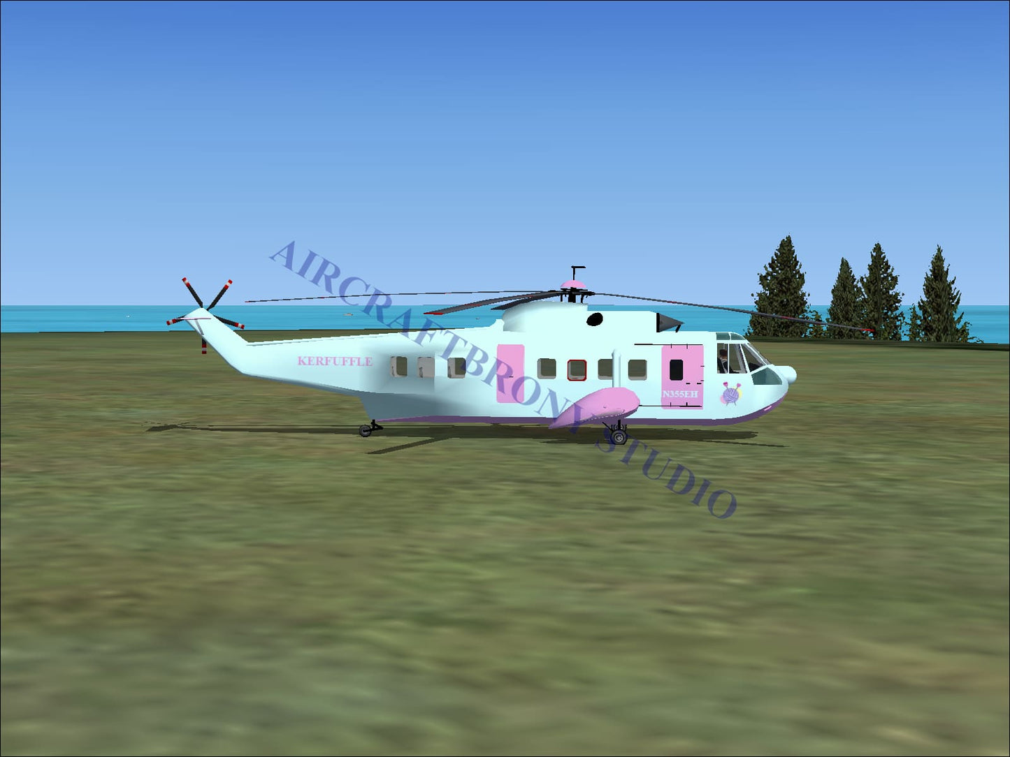 A pastel pink and white kerfuffle sikorsky s-61n helicopter with cartoonish pink doors and accents digital image