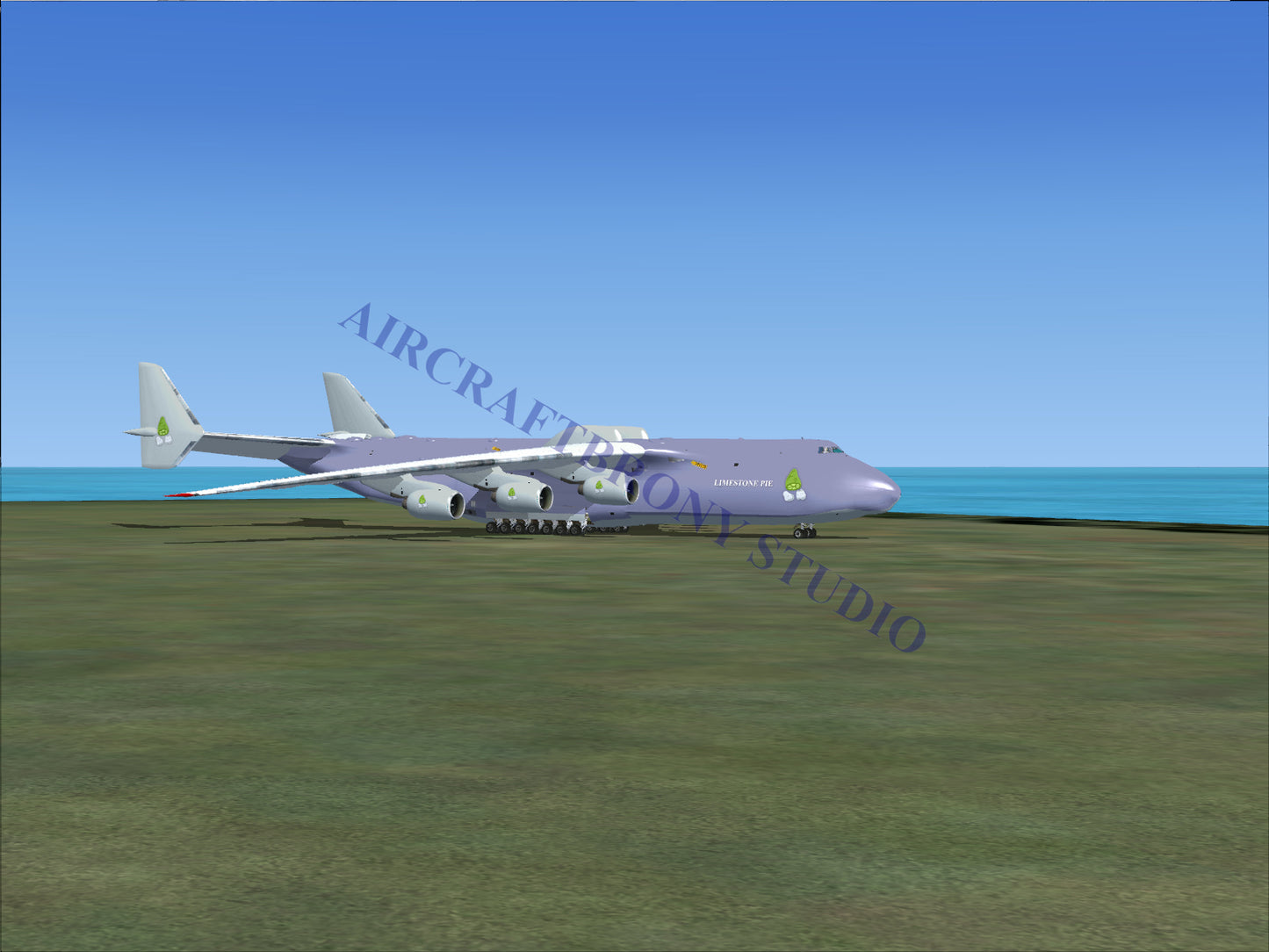 Purple cargo aircraft with six engines.