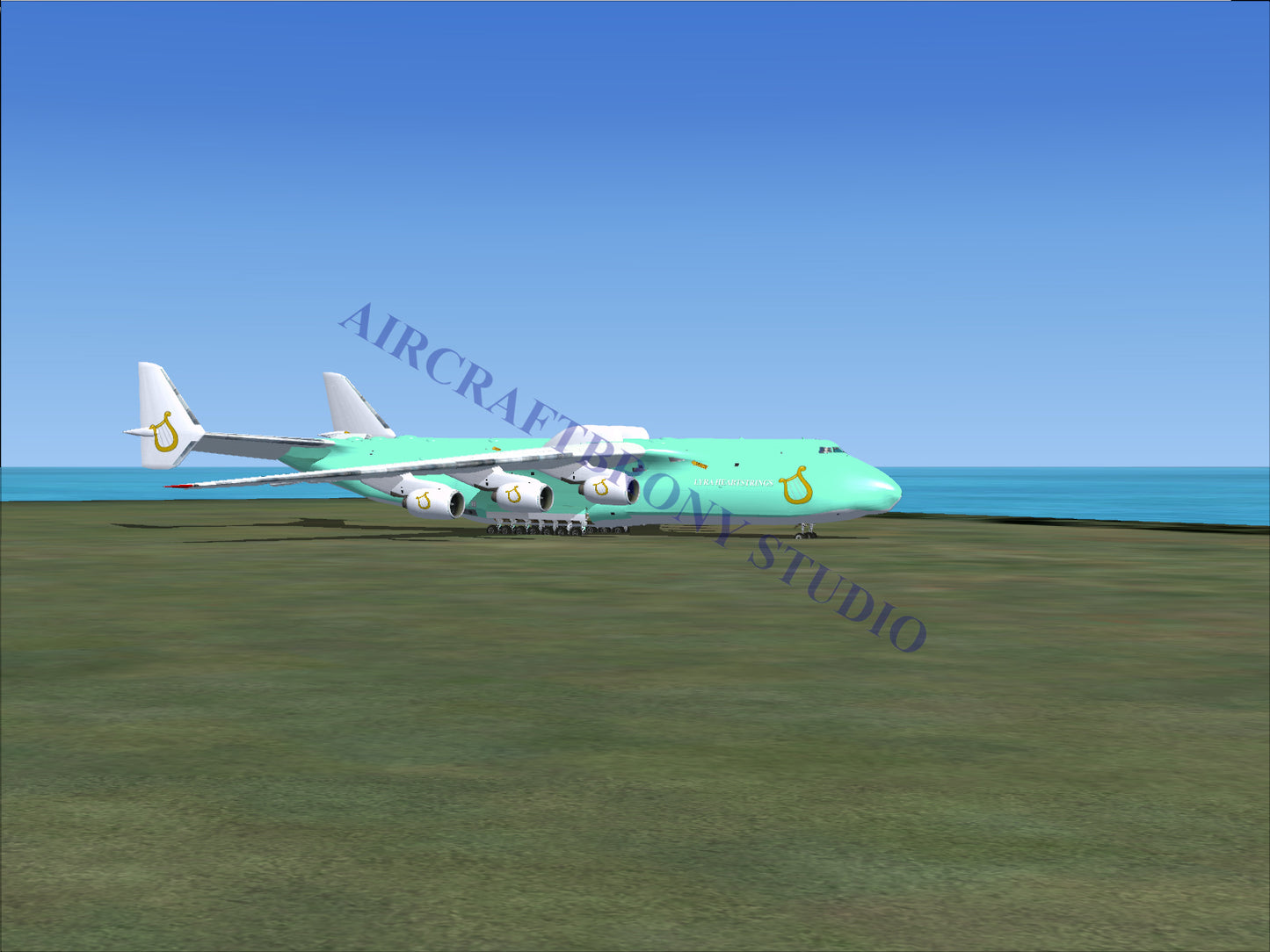 Boeing 747-8 intercontinental, turquoise and white fuselage with yellow logo.