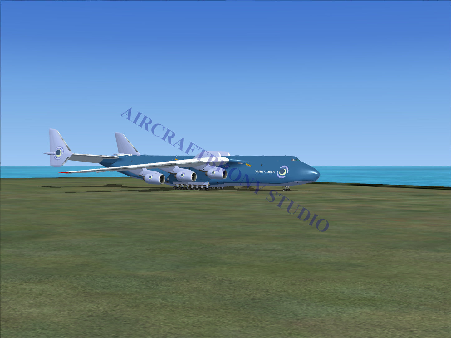 Blue cargo plane with white accents and logo design.