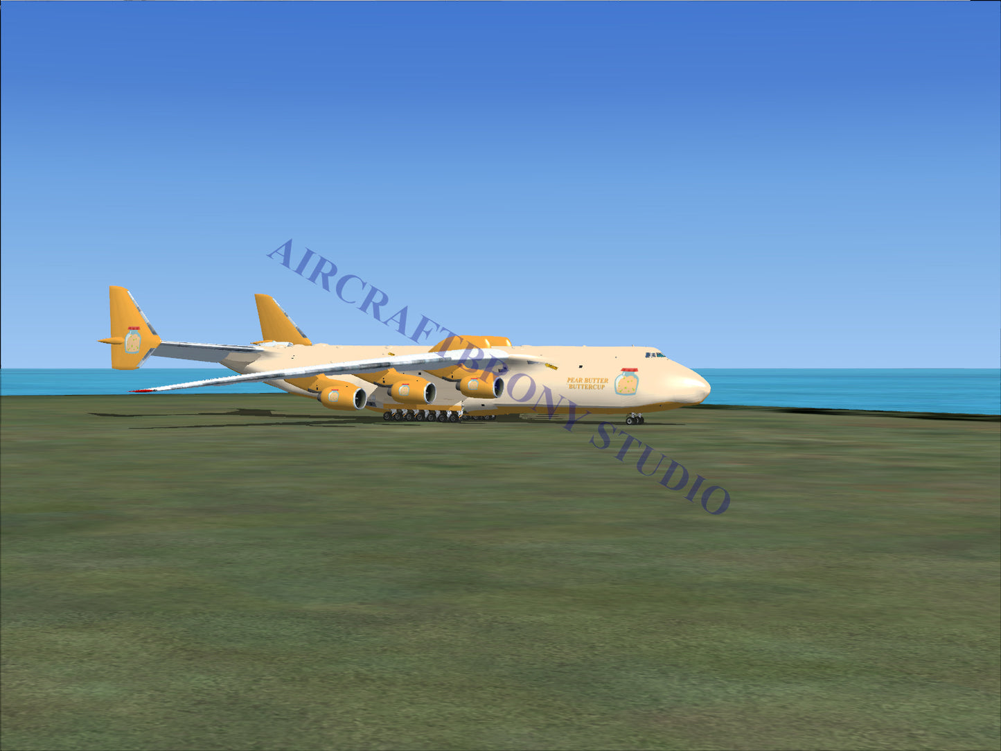 Cream-colored cargo airplane with yellow engines and tail fins.