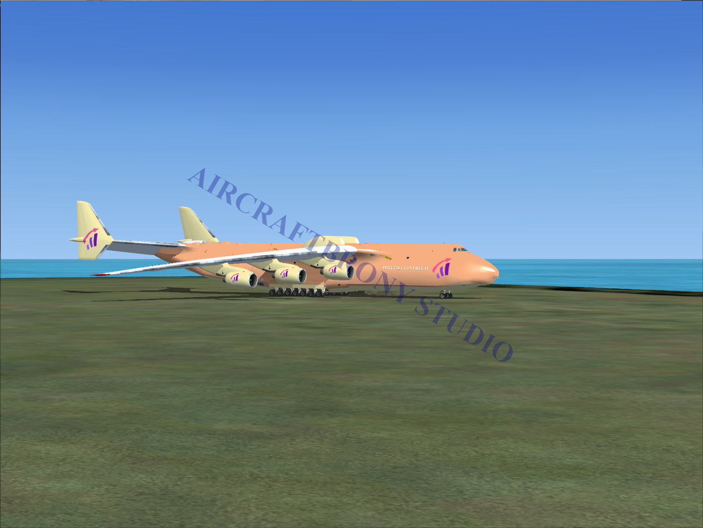 Peach-colored cargo plane with six engines and two tail fins.