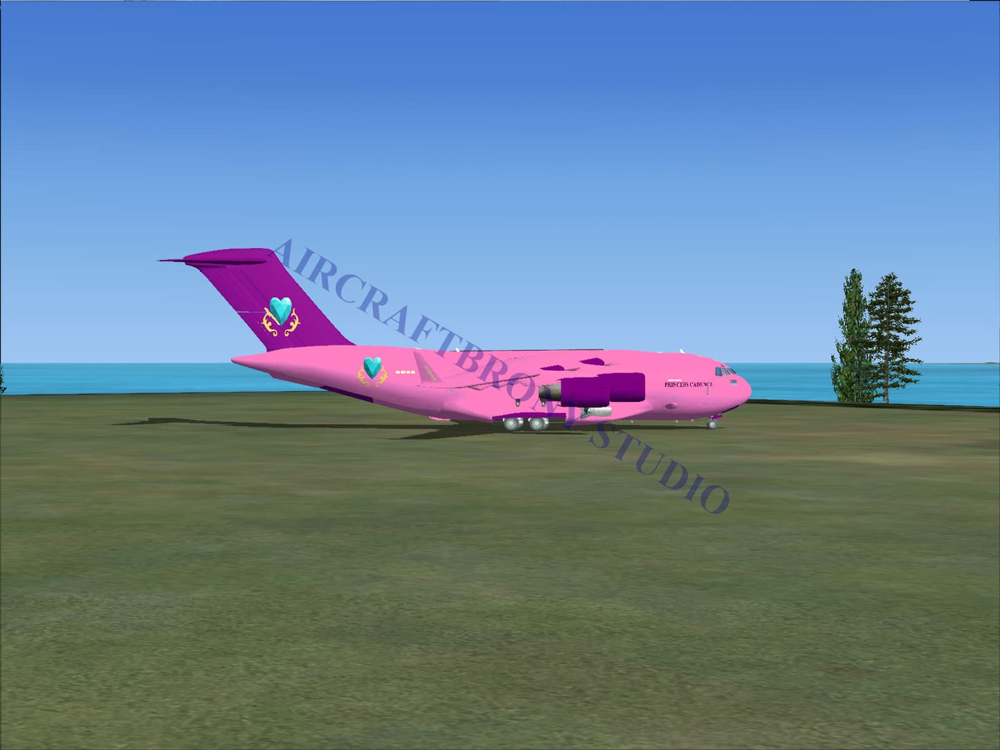 A vibrant pink and purple princess cadence boeing c-17 aircraft with a heart logo and glossy finish visible from the side