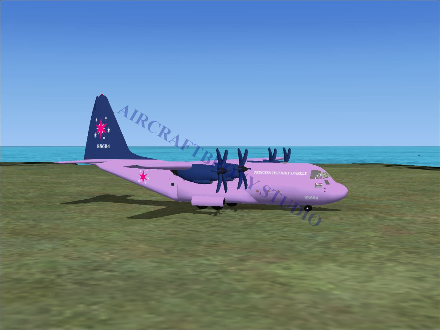 A pink and purple princess twilight sparkle lockheed c-130 with star decals and high-wing four propeller design