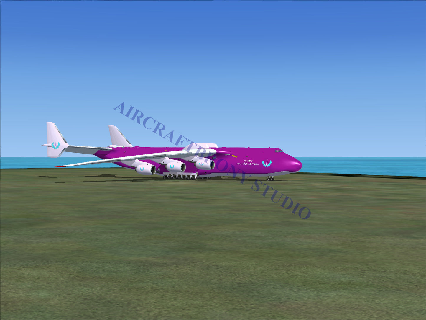 A magenta cargo plane with white wings and six engines.