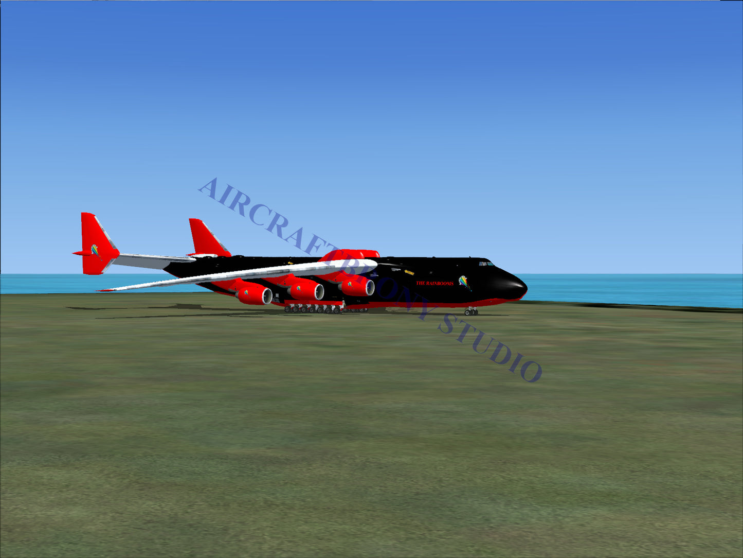 Black and red cargo aircraft with six engines.