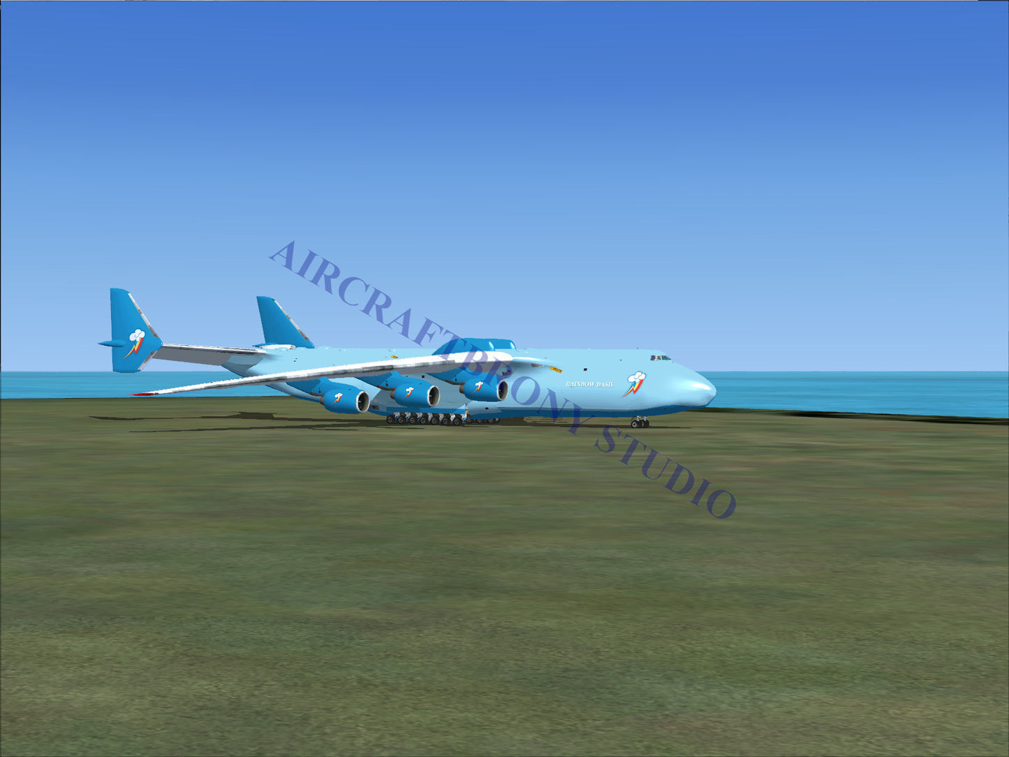 Light blue cargo plane with six engines and two tailfins.