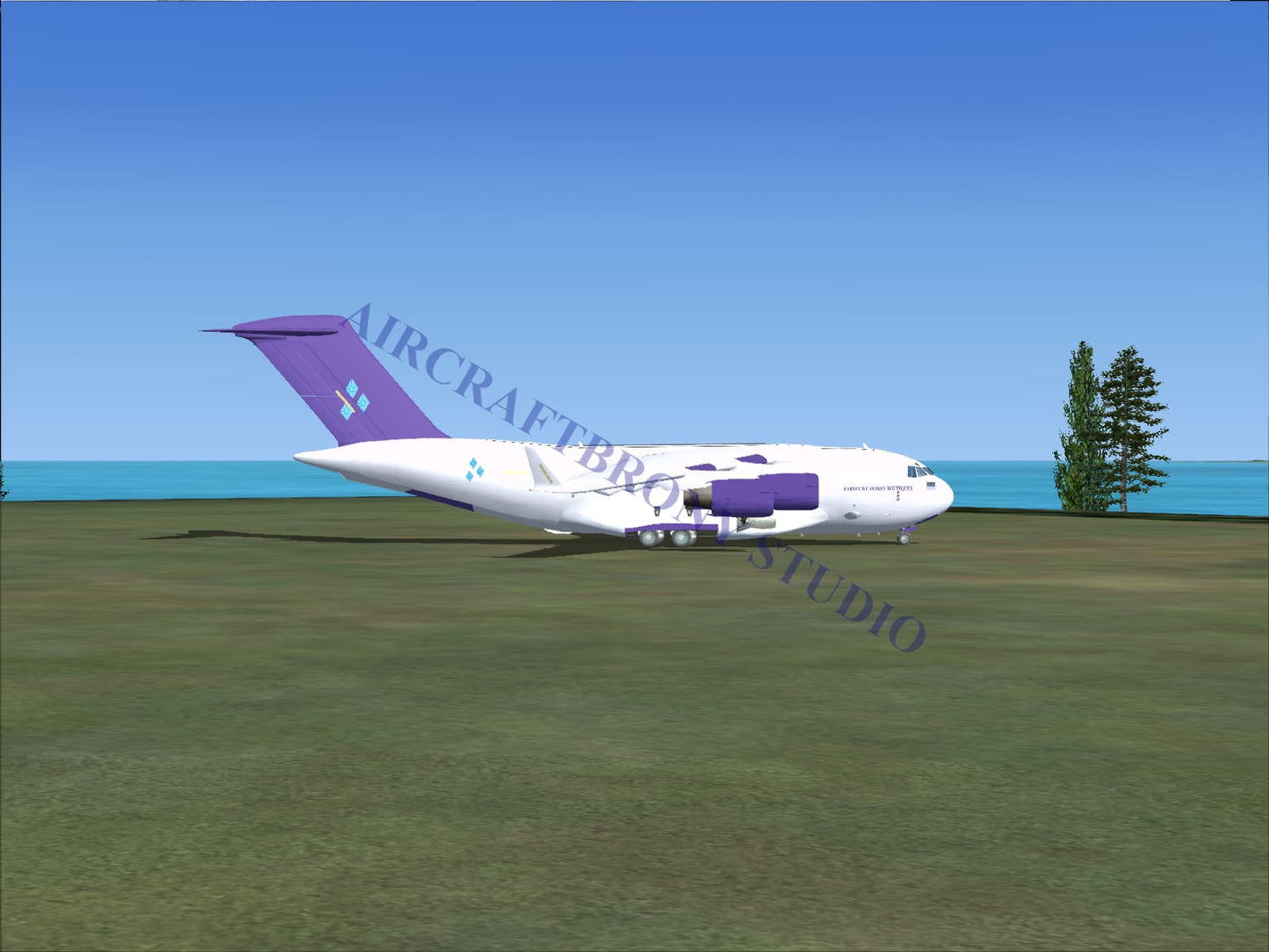 White and purple cargo airplane with distinctive tail fin design from raritys fashion boutiques boeing c-17 digital image