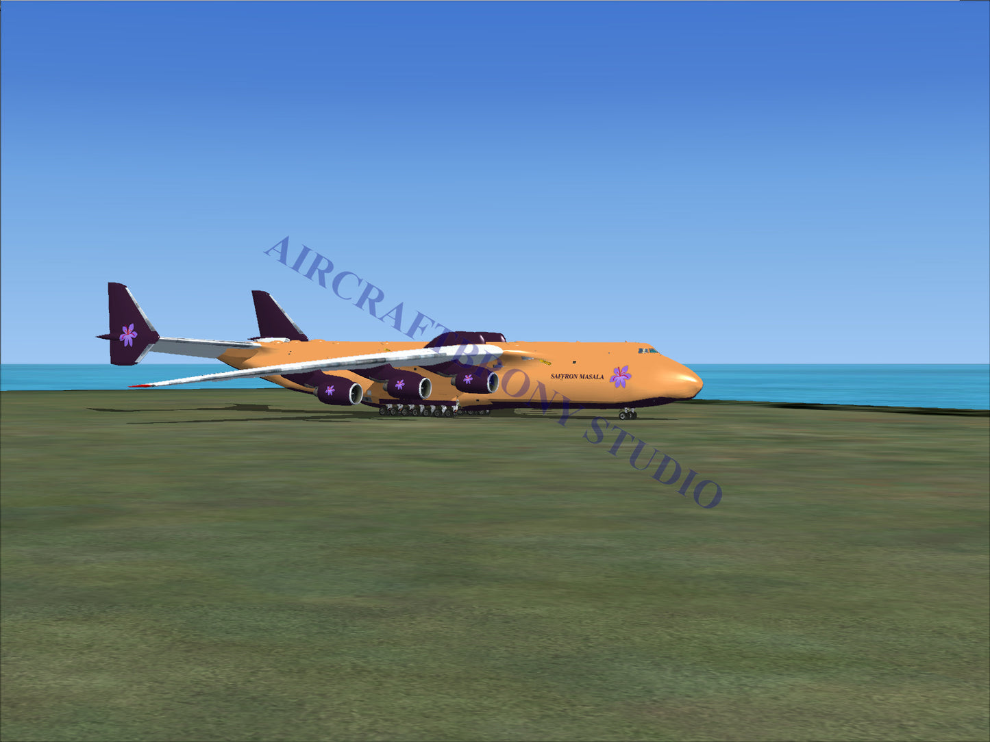 Orange and purple cargo aircraft with six engines