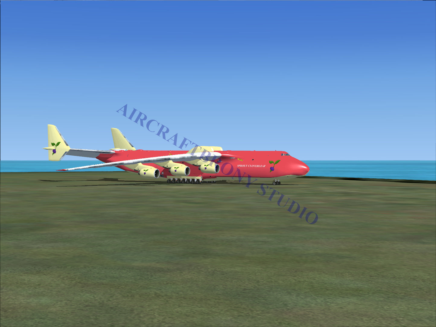 Red cargo aircraft with yellow wings and tail.
