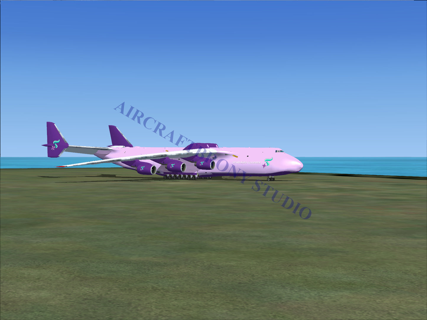 A purple Antonov An-225 cargo aircraft.