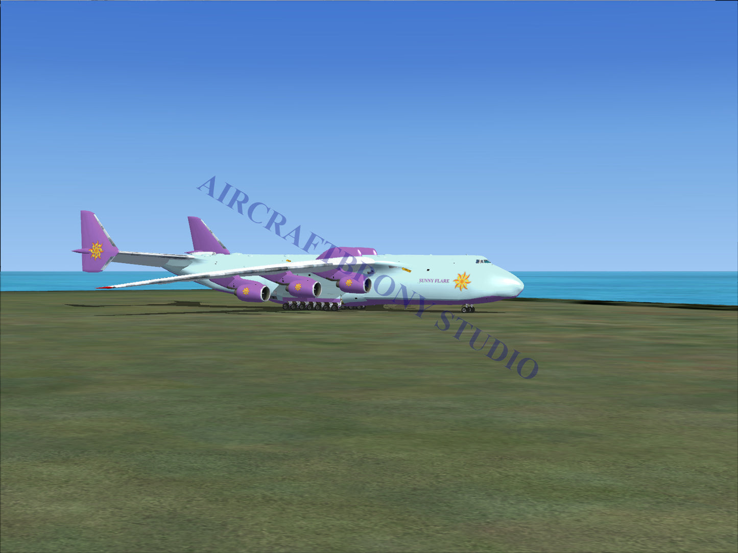 Purple and white boeing 747-8 cargo plane with yellow flower logo on fuselage.