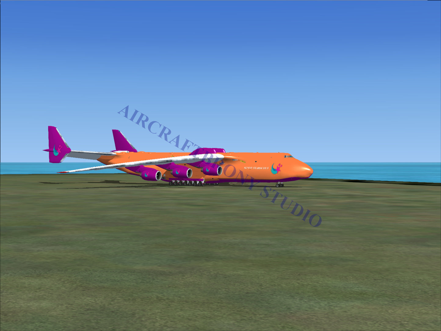 An orange and purple cargo plane with six engines.