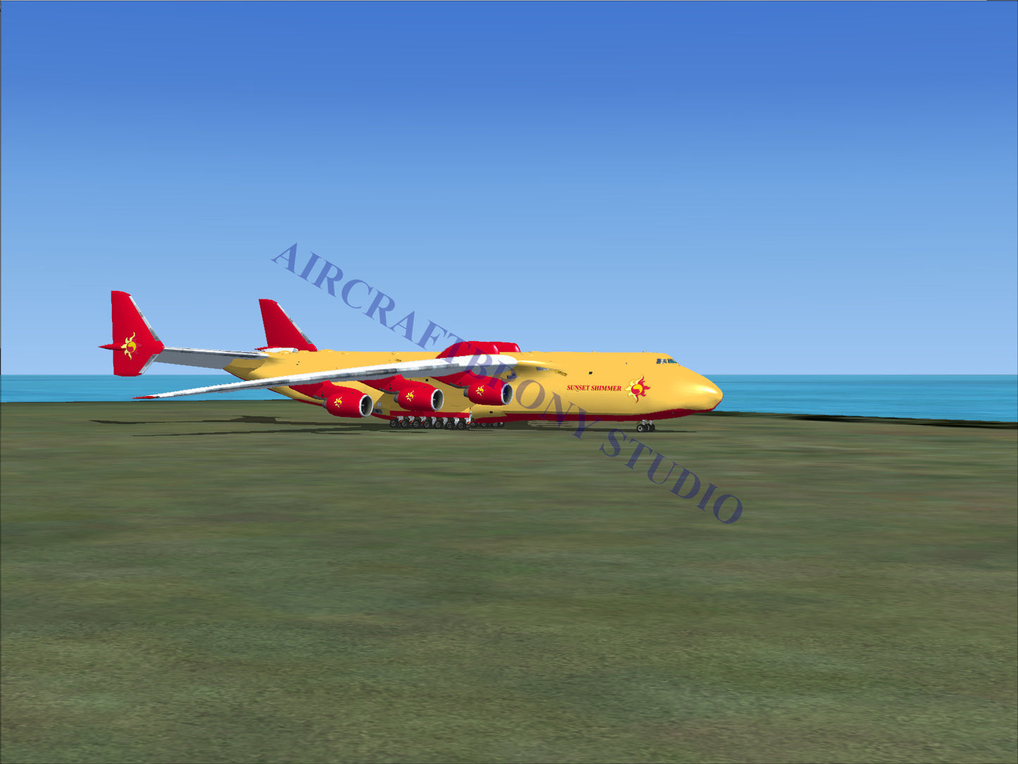 Yellow and red cargo plane with six engines and twin tails.